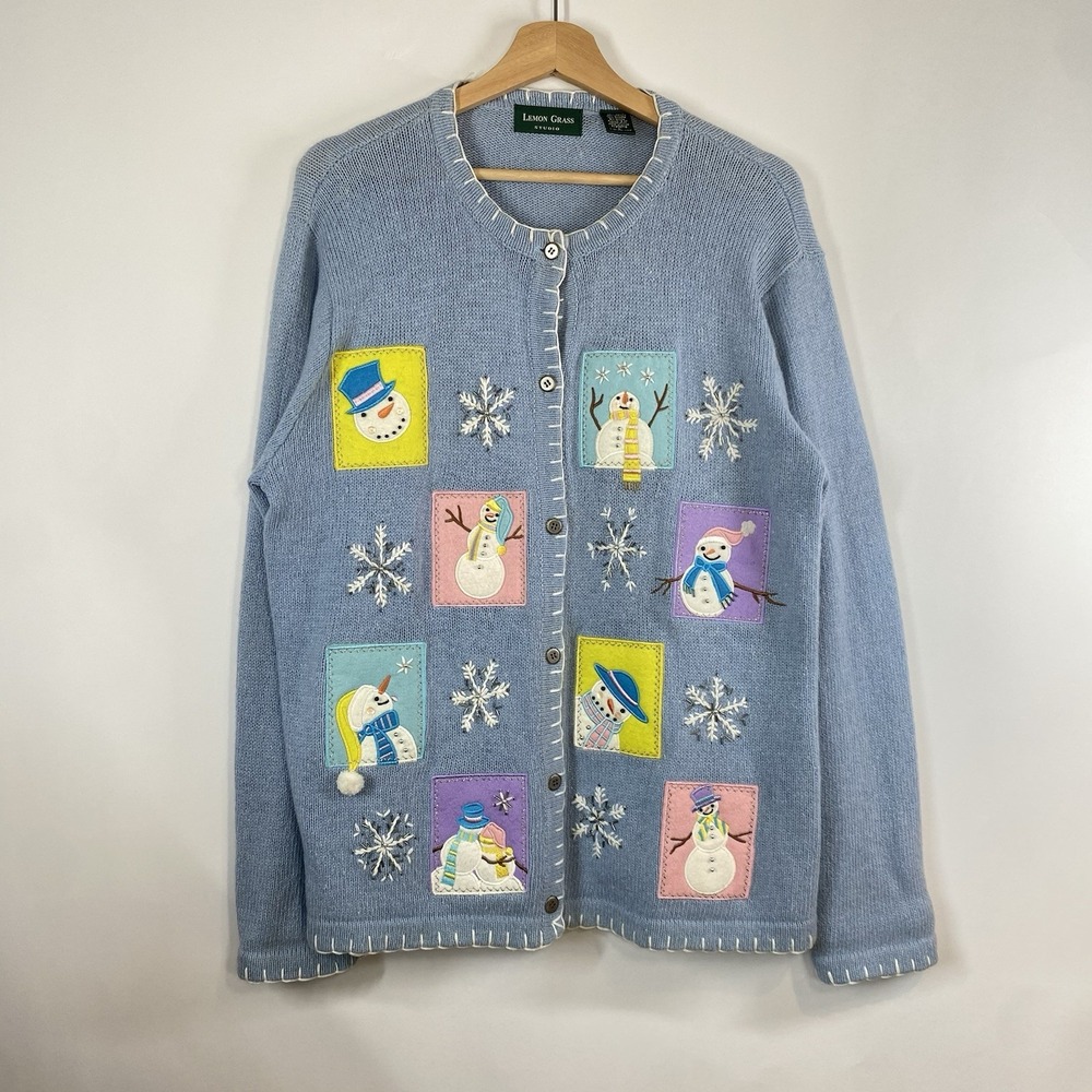 Lemon Grass Women's Novelty Snowman Sweater Cardigan Size L Christmas Holiday